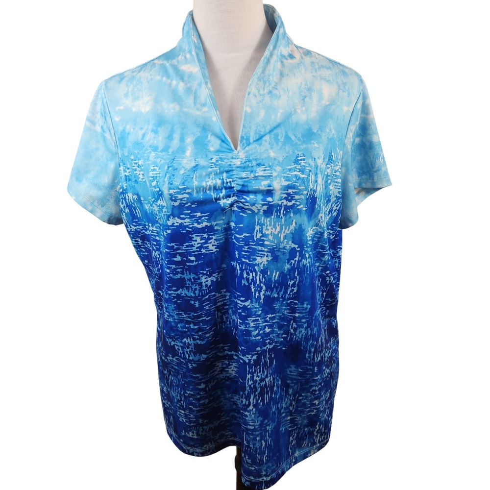Chicos Zenergy Golf Shirt Womens Sz 2‎ Large Blue Ombre Water Print Short Sleeve